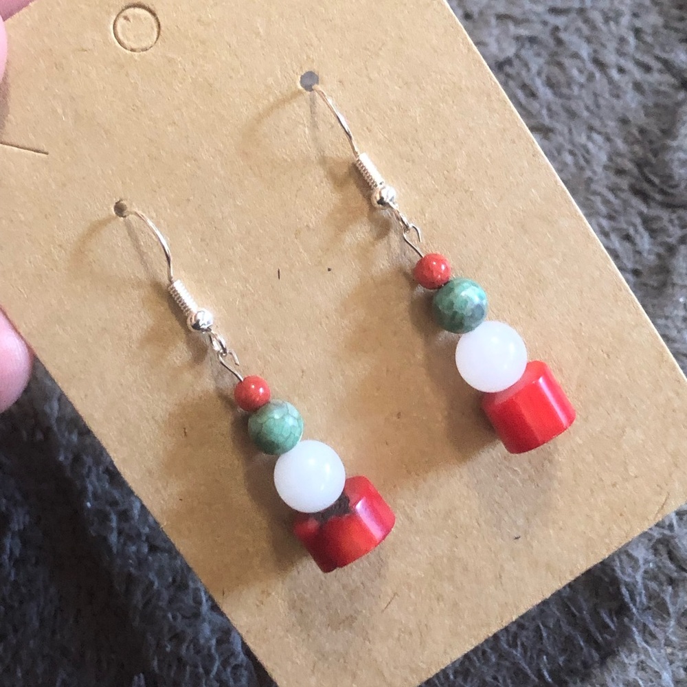 Handcrafted genuine stone red coral ruby in fuchsite dangle earrings
